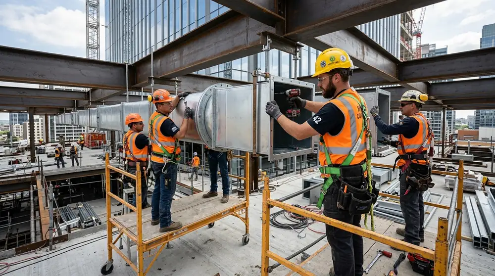 HVAC Technicians Installing Central AC Ductwork on Construction Site