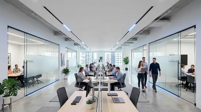 Completed modern office with linear ceiling AC diffusers